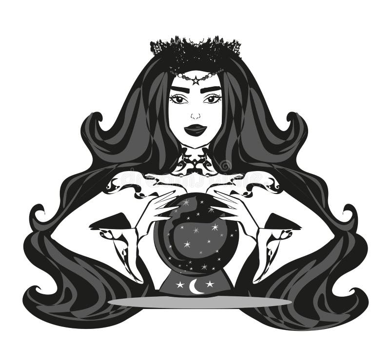 Fortune teller woman reading future on magical crystal ball royalty free illustration