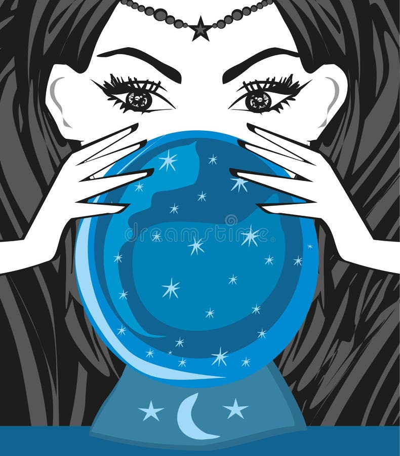 Fortune teller woman reading future on magical crystal ball stock illustration