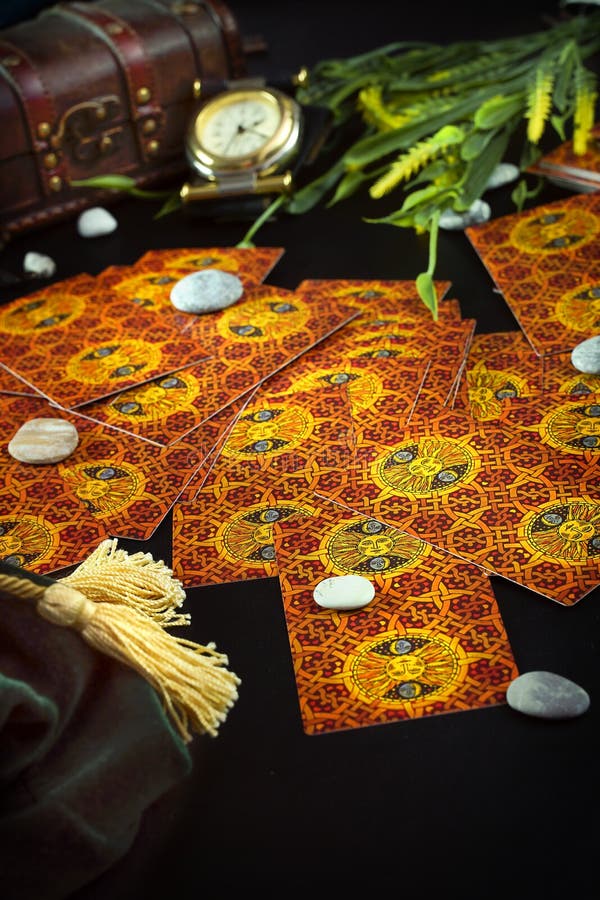 on Traditional Tarot Cards on the Table Stock Photo