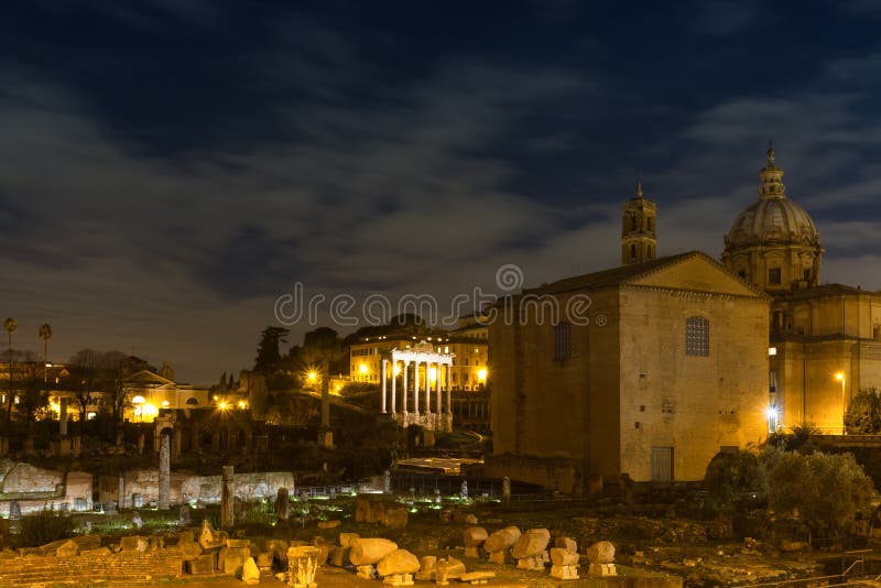 Forum Romanum at night stock image. Image of monument - 48470483