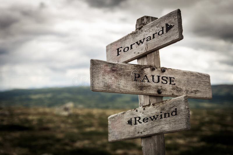 Forward, pause, rewind signpost in nature. Move forward and future concept.