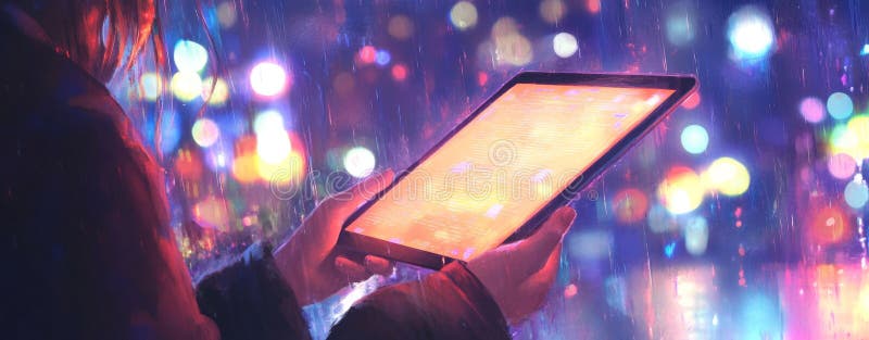 A forward-thinking businessperson engages with interactive financial graphs and holographic binary code on a tablet in a stock photos