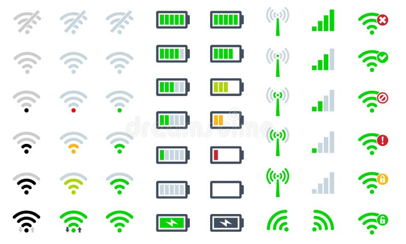 Forza di segnale WiFi delle icone del sistema di telefono cellulare, livello della carica della batteria e accesso remoto piani d royalty illustrazione gratis Forza di segnale WiFi delle icone del sistema di telefono cellulare, livello della carica della batteria e accesso remoto piani d royalty illustrazione gratis