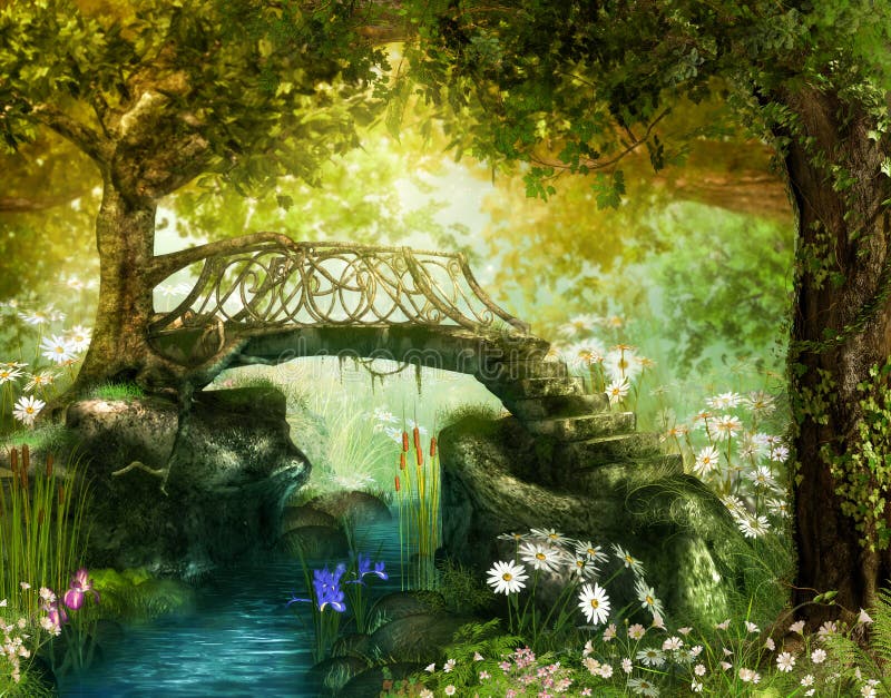 Forêt magique de conte de fées avec un pont enchanteur au-dessus d'un ruisseau illustration libre de droits