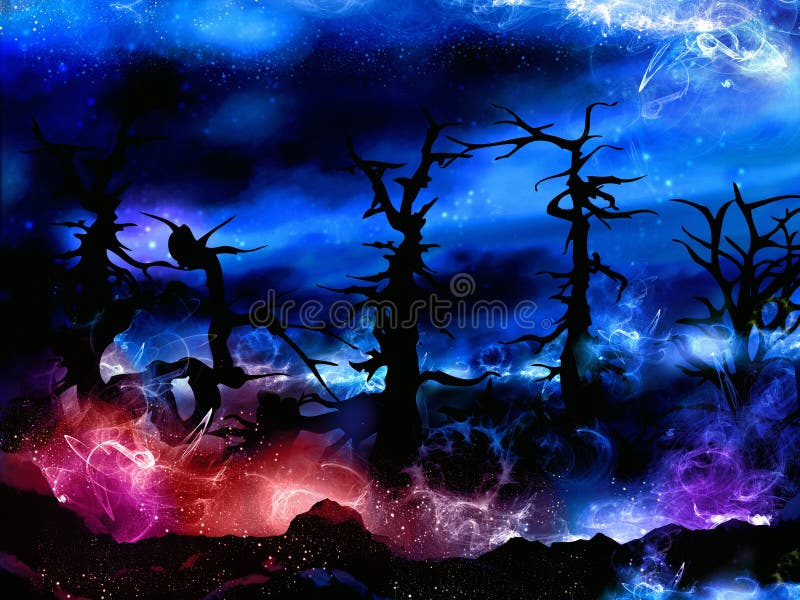 Forêt magique fantasmagorique avec les lumières mystérieuses illustration stock Forêt magique fantasmagorique avec les lumières mystérieuses illustration stock