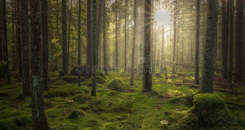 Forêt moussue verte avec la belle lumière de briller du soleil photographie stock Forêt moussue verte avec la belle lumière de briller du soleil photographie stock