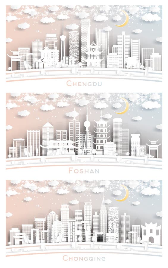 Foshan chongqing and chengdu china city skyline set ilustracji