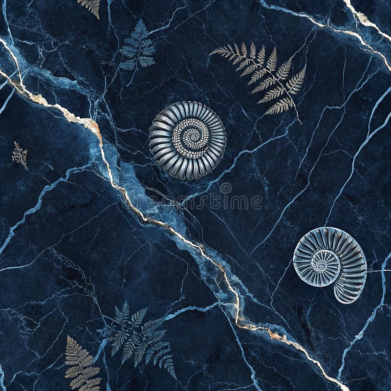 Fossil Ferns and Ammonitor σε σκούρο μπλε μαρμάρινο φόντο με χρυσές φλέβες. Κομψό σκούρο μπλε μαρμάρινο φόντο με περίπλοκες φλέβες χρυσού. Απολιθωμένα αμμοθέματα που εμφανίζουν τα χαρακτηριστικά τους ελικοειδή σχήματα διασταυρώνονται με λεπτομερή απολιθώματα φερν. Οι φλέβες μαρμάρων δημιουργούν δυναμική αντίθεση με τα απολιθώματα που βελτιώνουν την καλλιτεχνική απεικόνιση. Ο συνδυασμός στοιχείων φυσικής ιστορίας με πολυτελή πέτρα παρέχει μια εντυπωσιακή οπτική παράθεση.