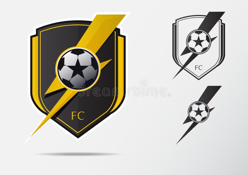 Fotboll- eller fotbollemblem Logo Design för fotbollslag Minsta design av guld- åskvigg och den svartvita fotbollbollen stock illustrationer