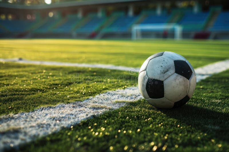 Soccer ball on lush green pitch with bokeh light, early morning dew highlighting the serene field.  AI generated. Soccer ball on lush green pitch with bokeh light, early morning dew highlighting the serene field.  AI generated