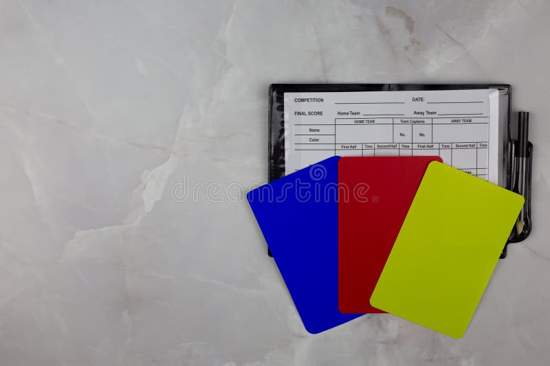 Football referee notebook for recording substitutions and marking cards received, blue card in football, three football referee cards. Football referee notebook for recording substitutions and marking cards received, blue card in football, three football referee cards