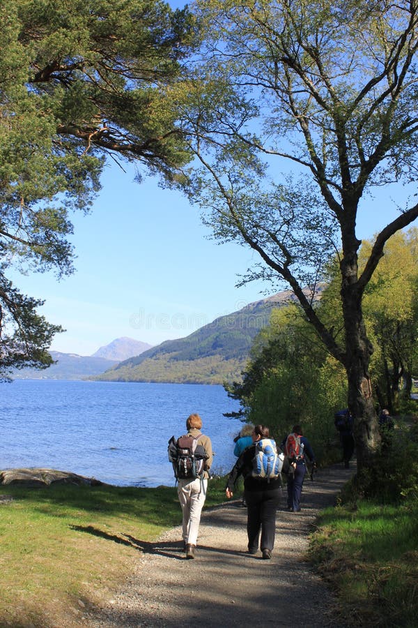 Fotgängare vid Loch Lomond på västra höglands- väg royaltyfria bilder Fotgängare vid Loch Lomond på västra höglands- väg royaltyfria bilder