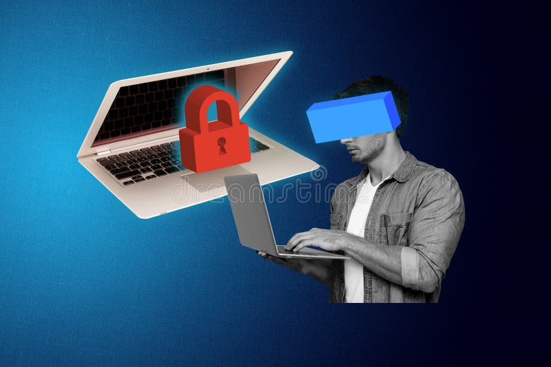 Foto Collage Bild junger Mann Hacker Notebook Cyber-Sicherheit Web-Sicherheit Anti-Malware-Software Blockierung Zeichnung stockfotos