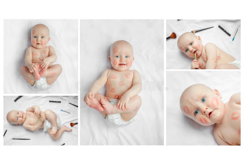 Foto collage Portrait van een grappige pasgeboren baby met rode kussen op de huid op witte achtergrond, Valentijnsdag concept bov royalty-vrije stock afbeelding Foto collage Portrait van een grappige pasgeboren baby met rode kussen op de huid op witte achtergrond, Valentijnsdag concept bov royalty-vrije stock afbeelding