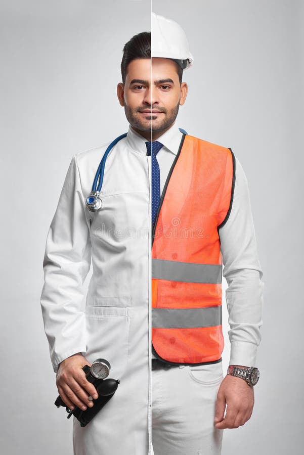 Foto combinada de un constructionist y de un doctor fotografía de archivo Foto combinada de un constructionist y de un doctor fotografía de archivo