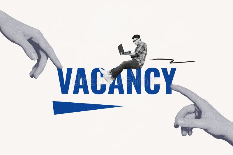 Foto compuesta colección abstracta creativa de un hombre inteligente gracioso mira la búsqueda de laptops vacantes de trabajo aisl stock de ilustración