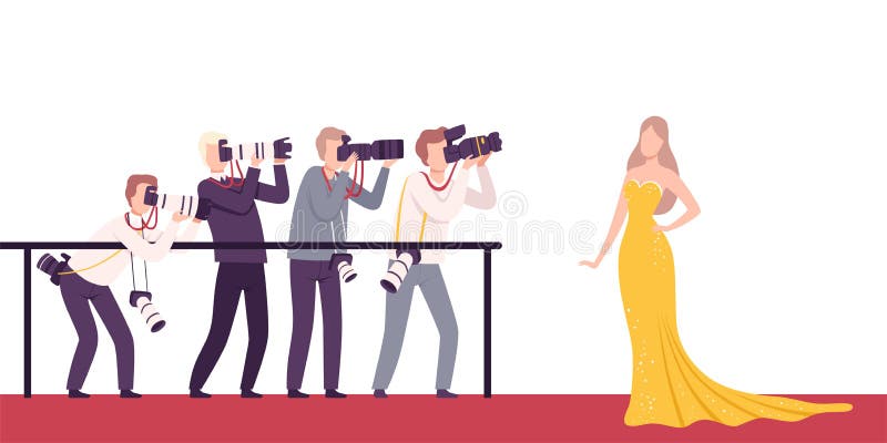 Foto de celebridades posando en Paparazzi, fotógrafos con cámaras fotografiando en Festival de Cine, Premiere, programa de ceremo ilustración del vector