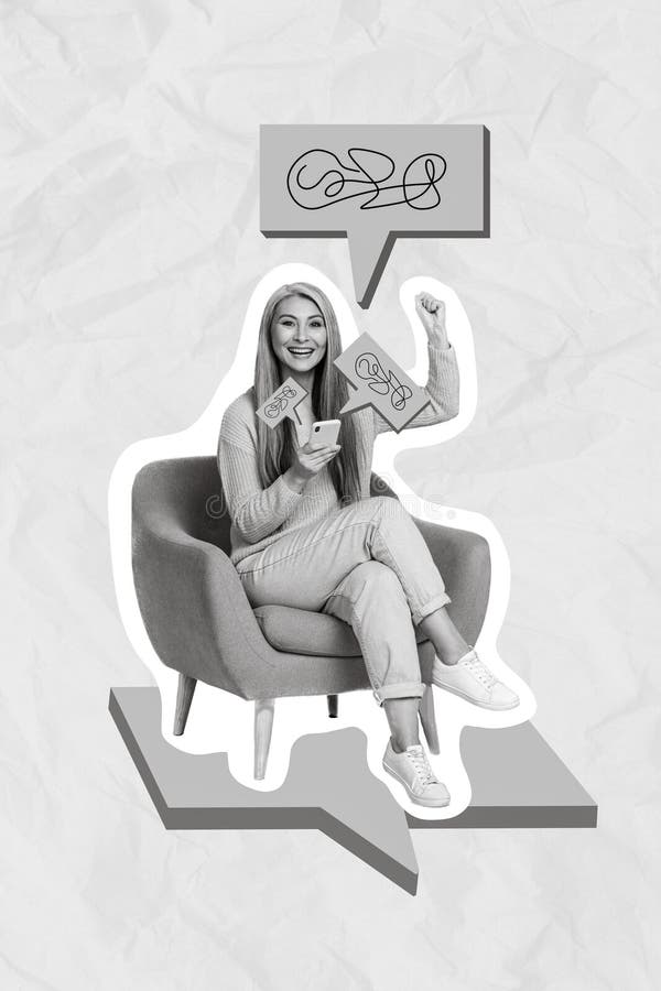 Foto de collage creativo vertical de mujer graciosa y alegre positiva sostiene el grito de puño de cierre del teléfono sí aislado foto de archivo