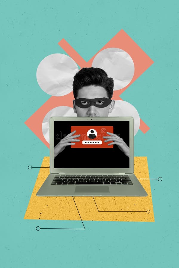 Foto de collage de man hacker robar contraseña de información privada confidencial en medios sociales laptop aislada en verde imagen de archivo