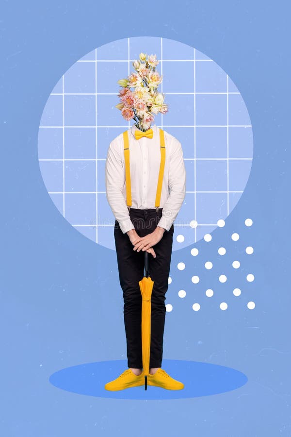 Foto de collage vertical del joven jefe señor hombre elegante suspensores amarillos cabeza de bowtie flor de flor aislado imagen de archivo