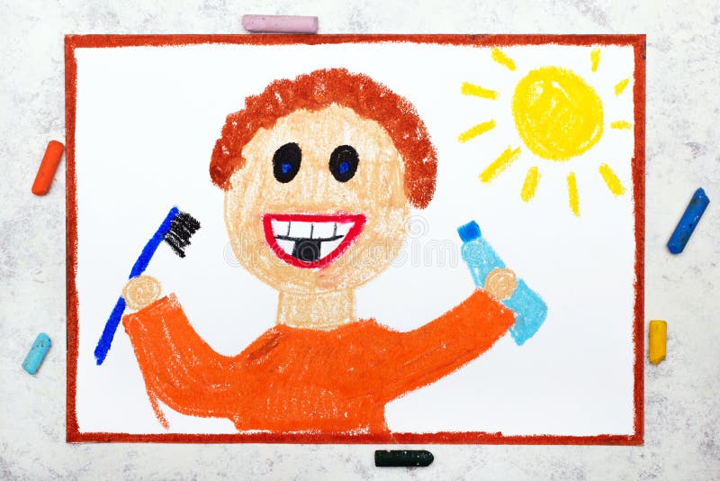 Photo of colorful drawing: little smiling boy brushing his teeth. Boy holding toothpaste and a toothbrush in hands. Photo of colorful drawing: little smiling boy brushing his teeth. Boy holding toothpaste and a toothbrush in hands