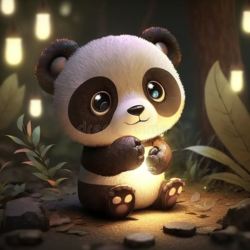 Lindo bebé oso panda con grandes ojos 3d renderizado ilustración de dibujos  animados