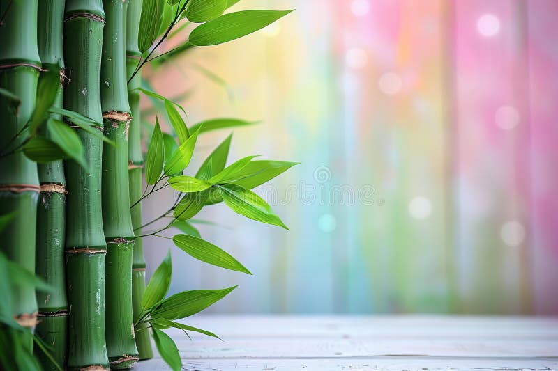 Foto de una planta de bambú sobre un fondo blanco de madera con espacio para copiar texto o diseño. banner web que muestra las hoj libre illustration