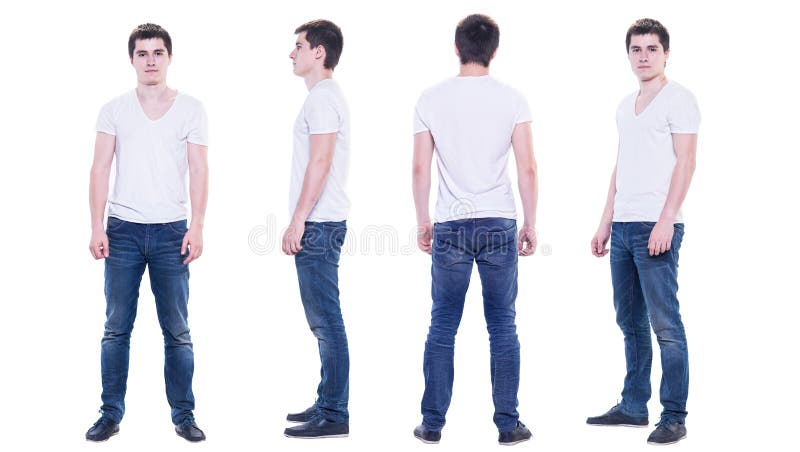 Collage photo of a young man in white t-shirt isolated, front, back, side view. Collage photo of a young man in white t-shirt isolated, front, back, side view.