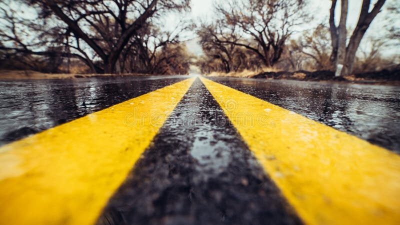 Foto del primer del carril amarillo de la marca en la carretera de asfalto mojada en bosque imagen de archivo libre de regalías Foto del primer del carril amarillo de la marca en la carretera de asfalto mojada en bosque imagen de archivo libre de regalías