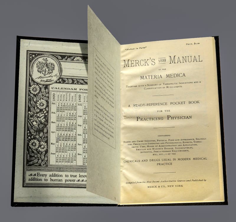 Photo of the front pages of the first edition of Merck`s medical guide manual, published in New York in 1899. Photo of the front pages of the first edition of Merck`s medical guide manual, published in New York in 1899.