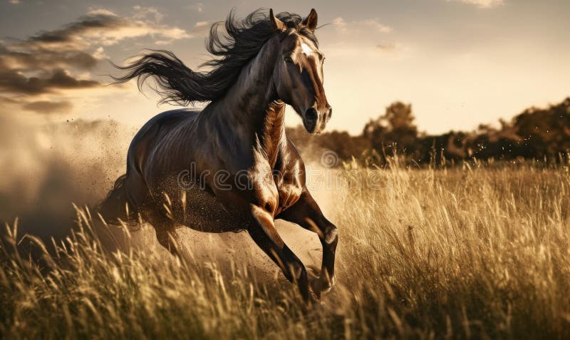 Generated with the use of AI. photo of Morgan stallion running in tall grass at sunset. Generative AI. Generated with the use of AI. photo of Morgan stallion running in tall grass at sunset. Generative AI