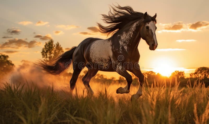 Generated with the use of AI. photo of Morgan stallion running in tall grass at sunset. Generative AI. Generated with the use of AI. photo of Morgan stallion running in tall grass at sunset. Generative AI