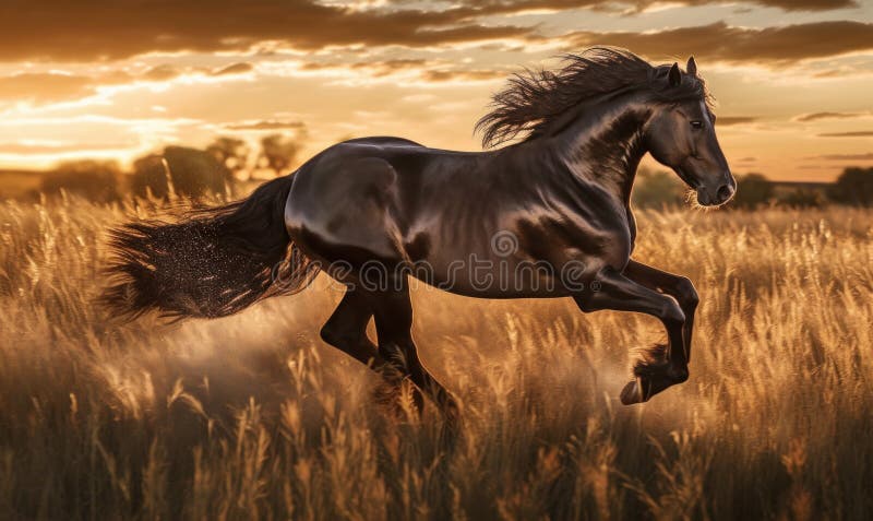 Generated with the use of AI. photo of Morgan stallion running in tall grass at sunset. Generative AI. Generated with the use of AI. photo of Morgan stallion running in tall grass at sunset. Generative AI