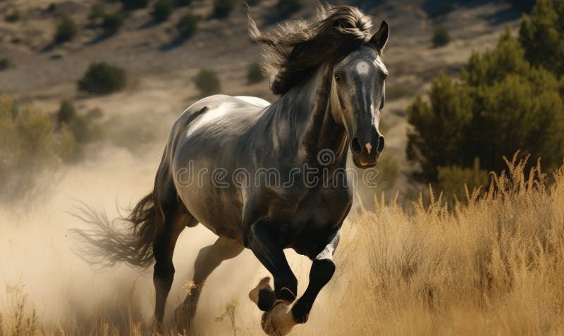 Generated with the use of AI. photo of Morgan stallion running in its natural habitat. Generative AI. Generated with the use of AI. photo of Morgan stallion running in its natural habitat. Generative AI