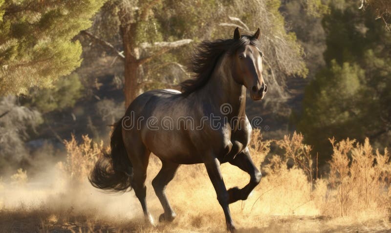 Generated with the use of AI. photo of Morgan stallion running in its natural habitat. Generative AI. Generated with the use of AI. photo of Morgan stallion running in its natural habitat. Generative AI