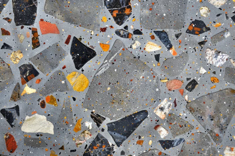 Foto des grauen Terrazzo-Musters auf der Bodenoberfläche. Hintergrundtextur für Backdrop oder Mapping. Foto von grauem Terrazzo Muster auf Bodenfläche in der Nähe. Hintergrundtextur für Backdrops oder Mapping AI generiert
