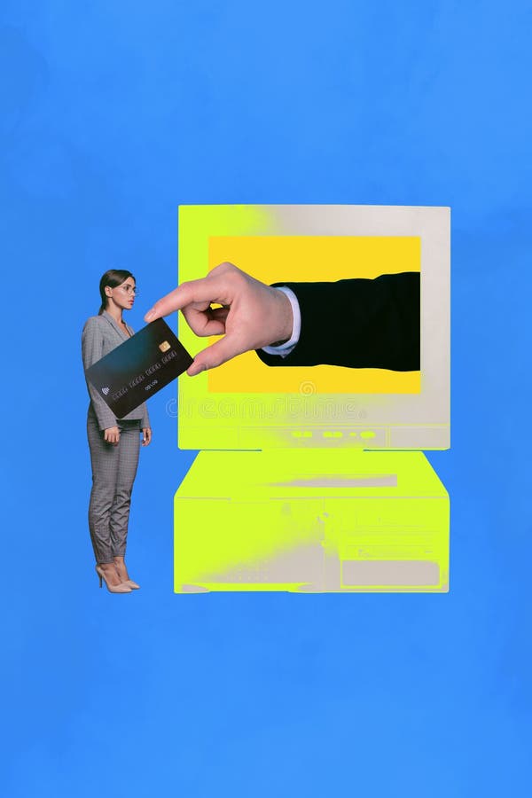 Foto di collage creativo di un impiegato donna computer monitor internet frodi bizzarre bizzarria insolita fotografia stock
