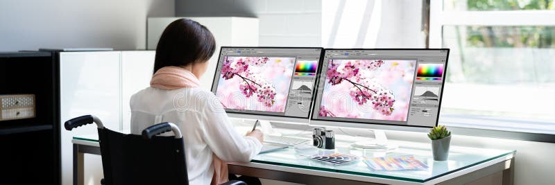 Foto di modifica designer. lavoratrice fotografie stock