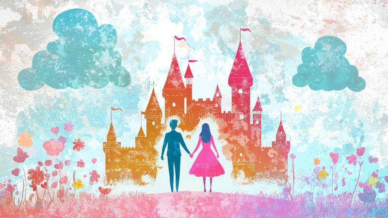 Foto di re e regina che stringono la mano davanti a un castello colorato. Concetto di Royal Romance Fantasy fotografie stock libere da diritti