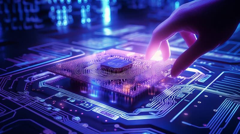 Foto di una mano che tocca un chip del processore su un circuito illustrazione vettoriale