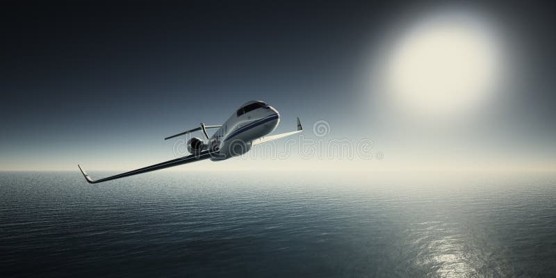 Foto do projeto genérico luxuoso branco Jet Flying privada no céu no nascer do sol Oceano e fundo azuis de Sun Negócios