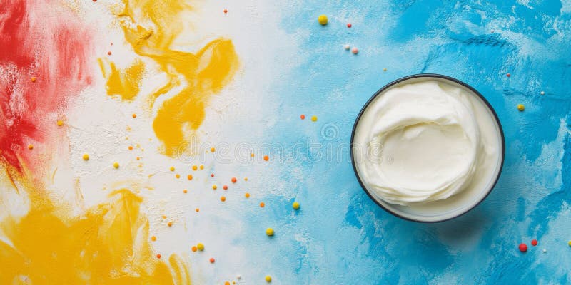 Foto einer Schüssel Jogurt auf einem lebendigen strukturierten Hintergrund mit künstlerisch roten gelben und blauen Strichen stock abbildung