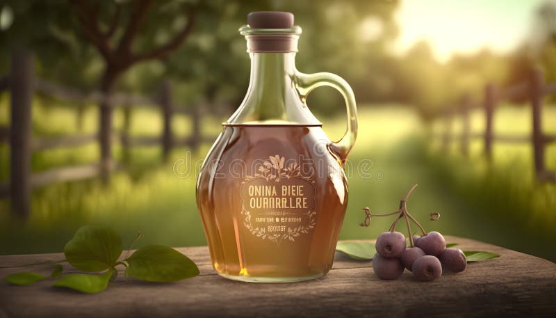 Foto eines Glases Wein mit einer Flasche Rotwein Trauben über einem Holztisch bei Sonnenuntergang generativ ai stock abbildung