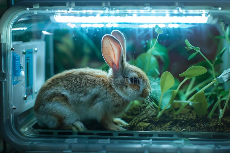 Photo of a cute white rabbit in a greenhouse under grow lights. Breeding rabbits, hares, domestic pets, eco cultivation. Generative ai. Photo of a cute white rabbit in a greenhouse under grow lights. Breeding rabbits, hares, domestic pets, eco cultivation. Generative ai