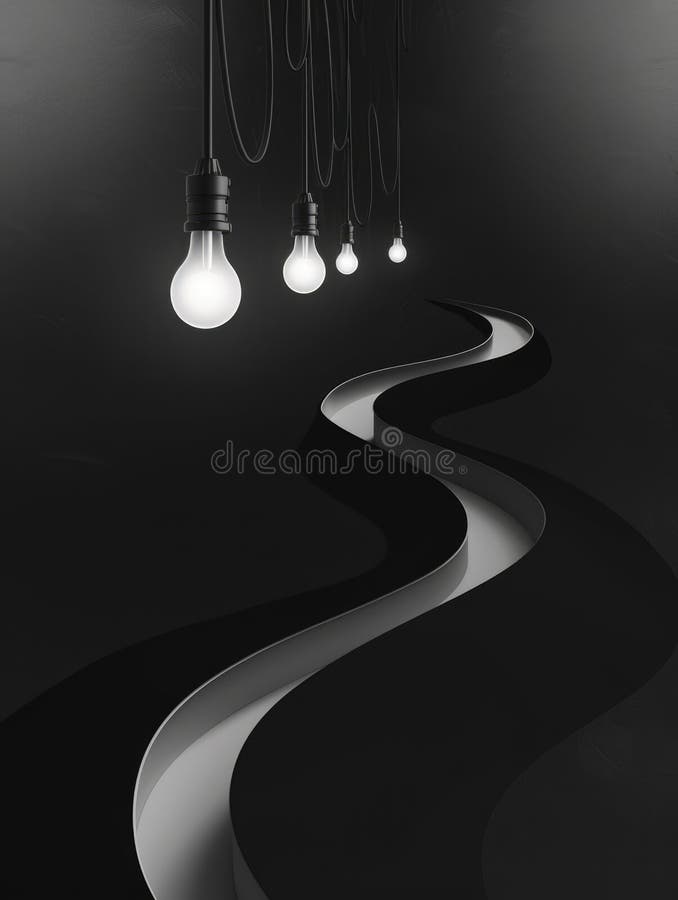 Foto en blanco y negro de una larga línea de luces curvadas fotos de archivo