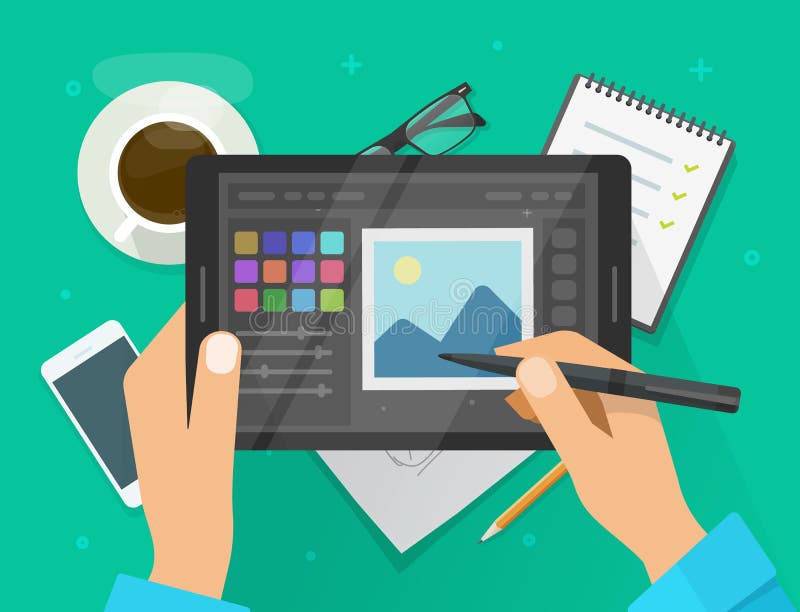 Foto of grafische redacteur op tablet vectorillustratie, het vlakke de tabletscherm van de beeldverhaalgrafiek met ontwerp of bee vector illustratie Foto of grafische redacteur op tablet vectorillustratie, het vlakke de tabletscherm van de beeldverhaalgrafiek met ontwerp of bee vector illustratie