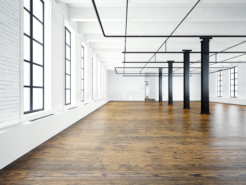 Foto van leeg binnenland in de moderne bouw Open plekzolder Lege witte muren Houten vloer, zwarte stralen, grote vensters