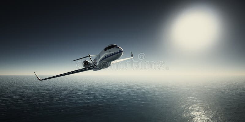 Foto van Wit Luxe Generisch Ontwerp Privé Jet Flying in Hemel bij zonsopgang Blauwe Oceaan en Zonachtergrond Zaken stock foto Foto van Wit Luxe Generisch Ontwerp Privé Jet Flying in Hemel bij zonsopgang Blauwe Oceaan en Zonachtergrond Zaken stock foto