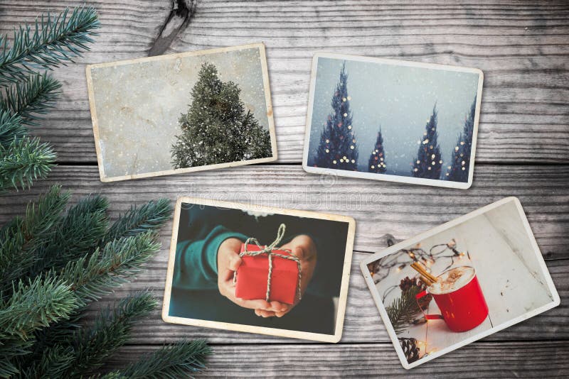 Fotoalbum in herinnering en nostalgie in Kerstmiswintertijd op houten lijst