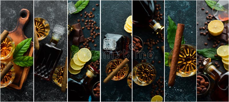 Photo banner. Photo collage with a bottle of whiskey, cigars and glasses. On a black stone background. Photo banner. Photo collage with a bottle of whiskey, cigars and glasses. On a black stone background